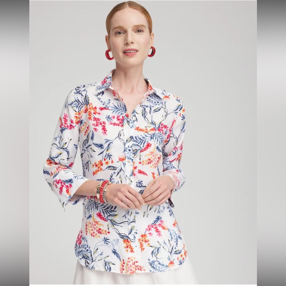 Chico’s Sealife No Iron Linen Button Up Blouse Size 6 NWT